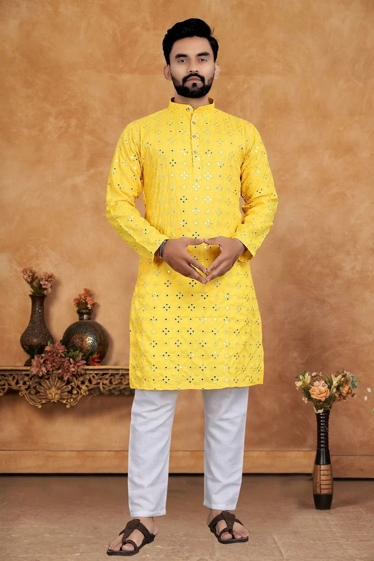 Men's Cotton With Embroidery Work Kurta Pajama Set
