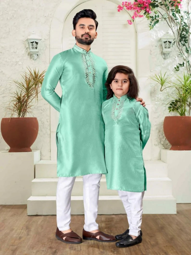 Silk Kurta Pajama Set For Men's & Kid's Combo Set