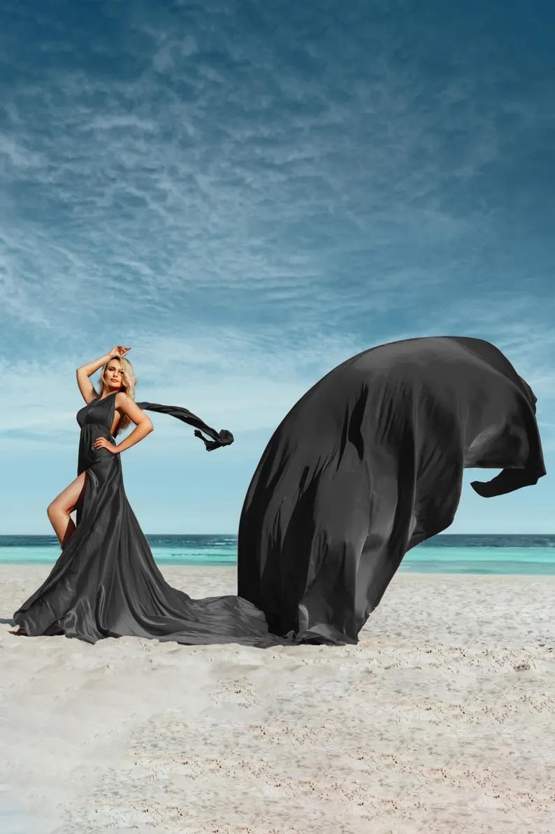 Flying Dress Black Long Flying Dress For Photoshoot Asymmetrical