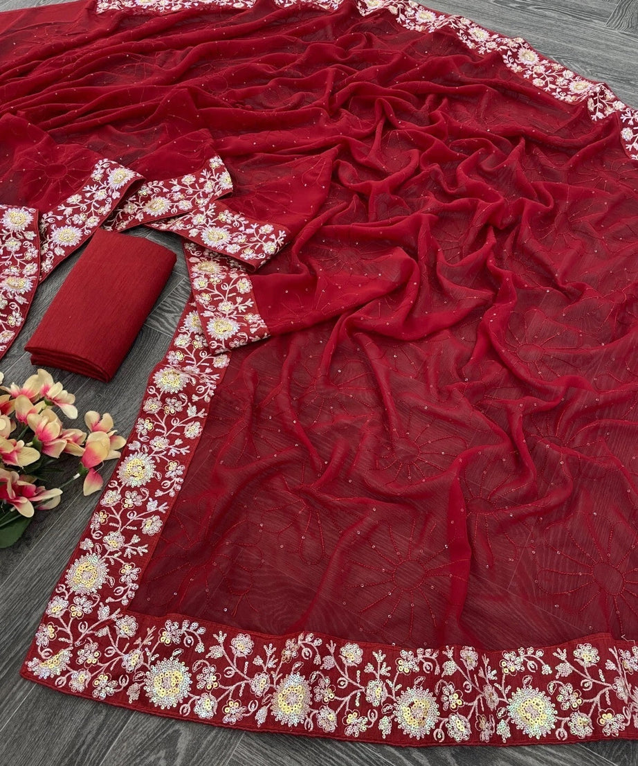 Women's , Beautiful Georgette Festival Wedding Wear Sari & Blouse