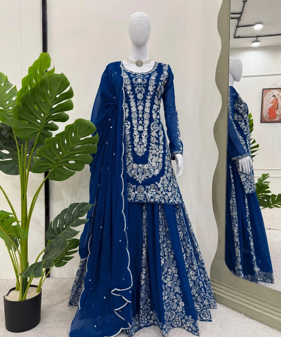 Full Stitched Faux Georgette Top Palazzo Dupatta