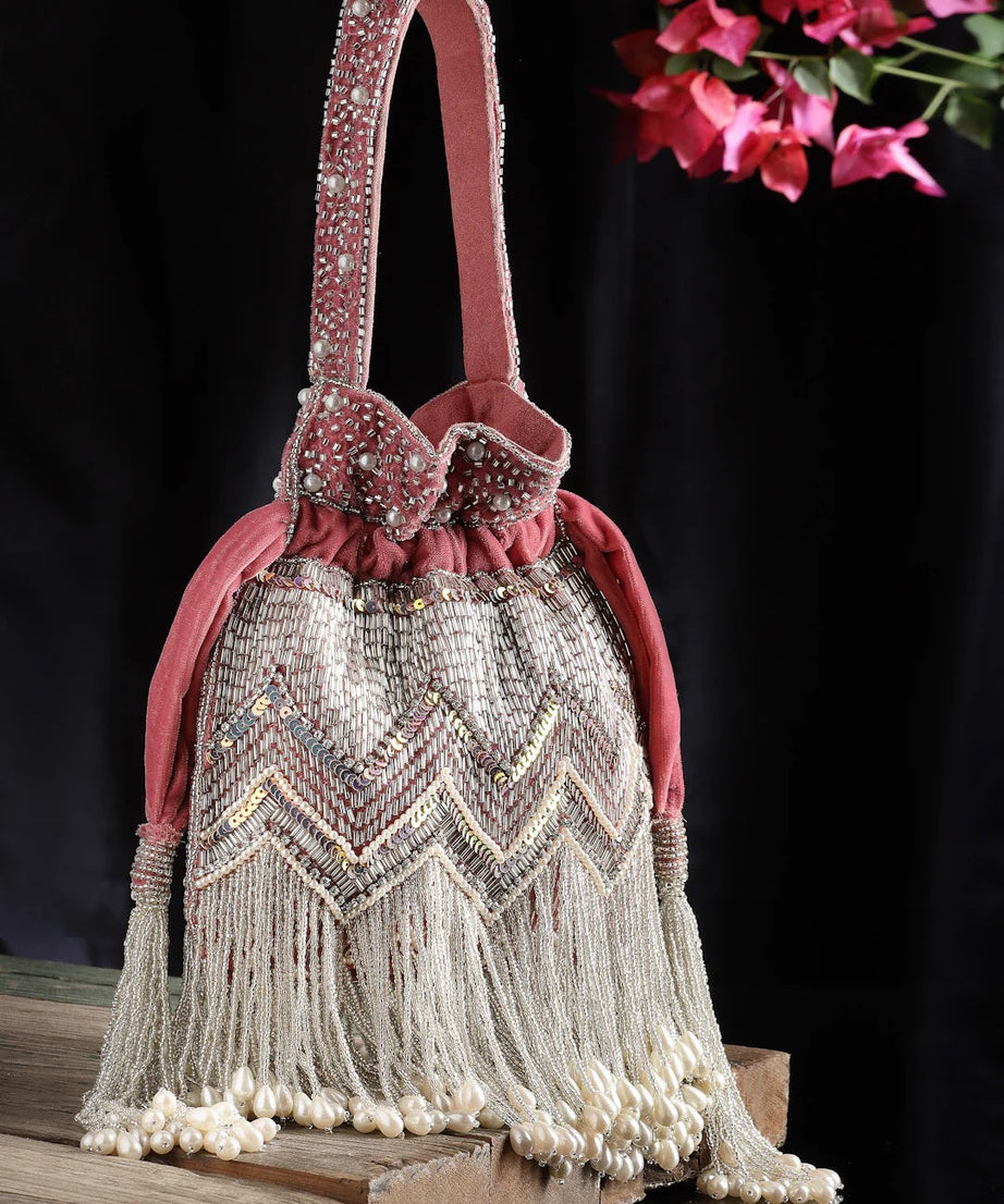 Droop Chevron Embellished Velvet Potli Bag
