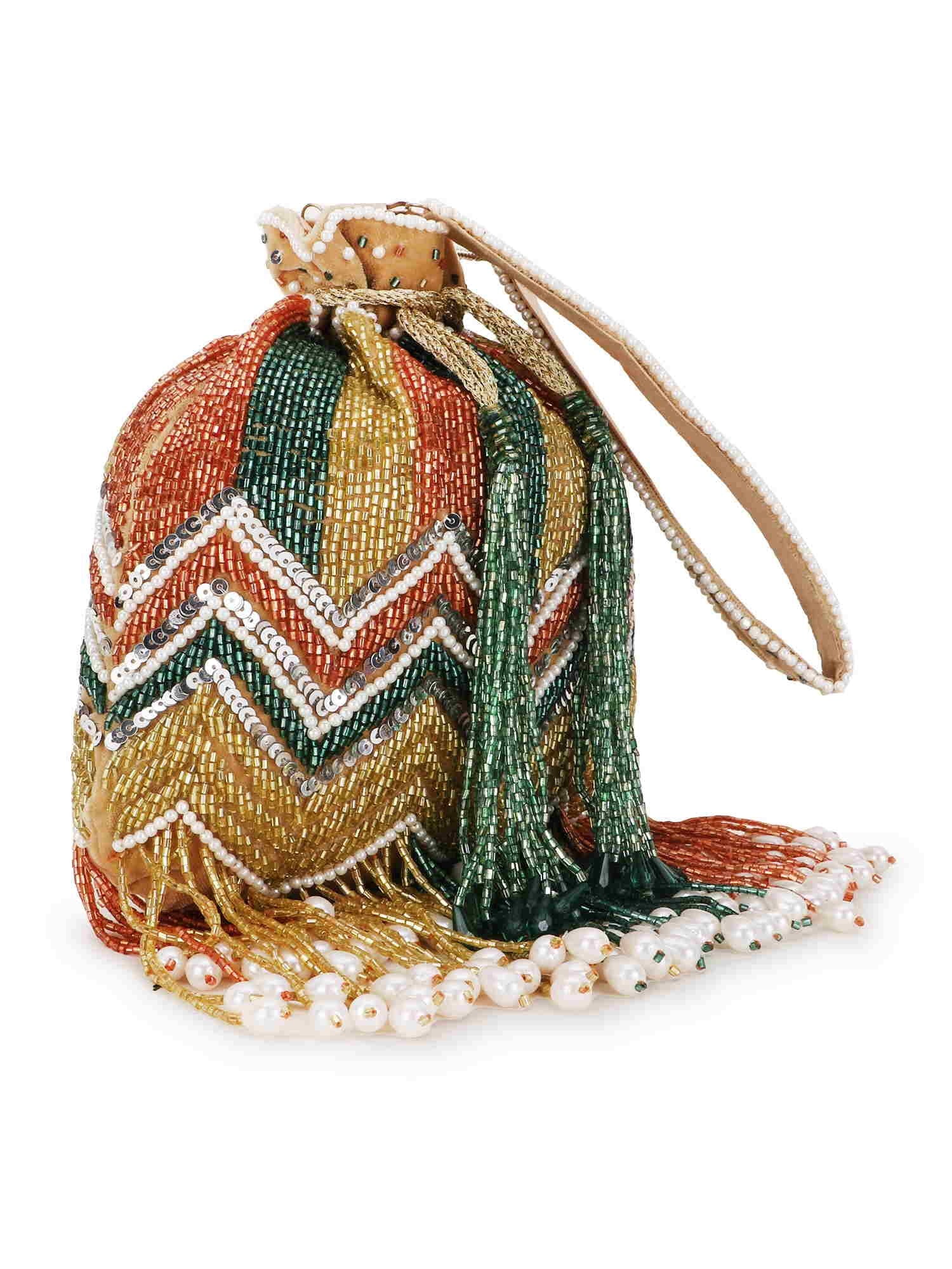 Dangle Chevron Embellished Velvet Potli Bag