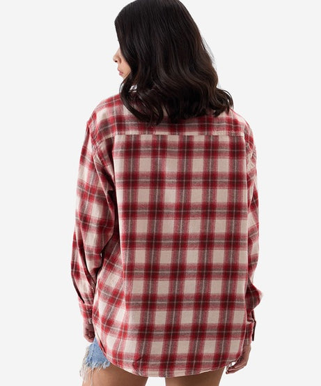 Plaid  Red, Brown and Cream Women Boyfriend Shirts