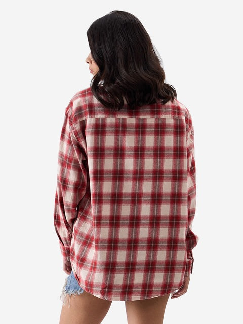Plaid  Red, Brown and Cream Women Boyfriend Shirts