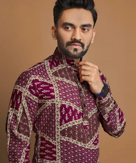 Men's Soft Cotton Foil Print Designer Kurta Pajama Set
