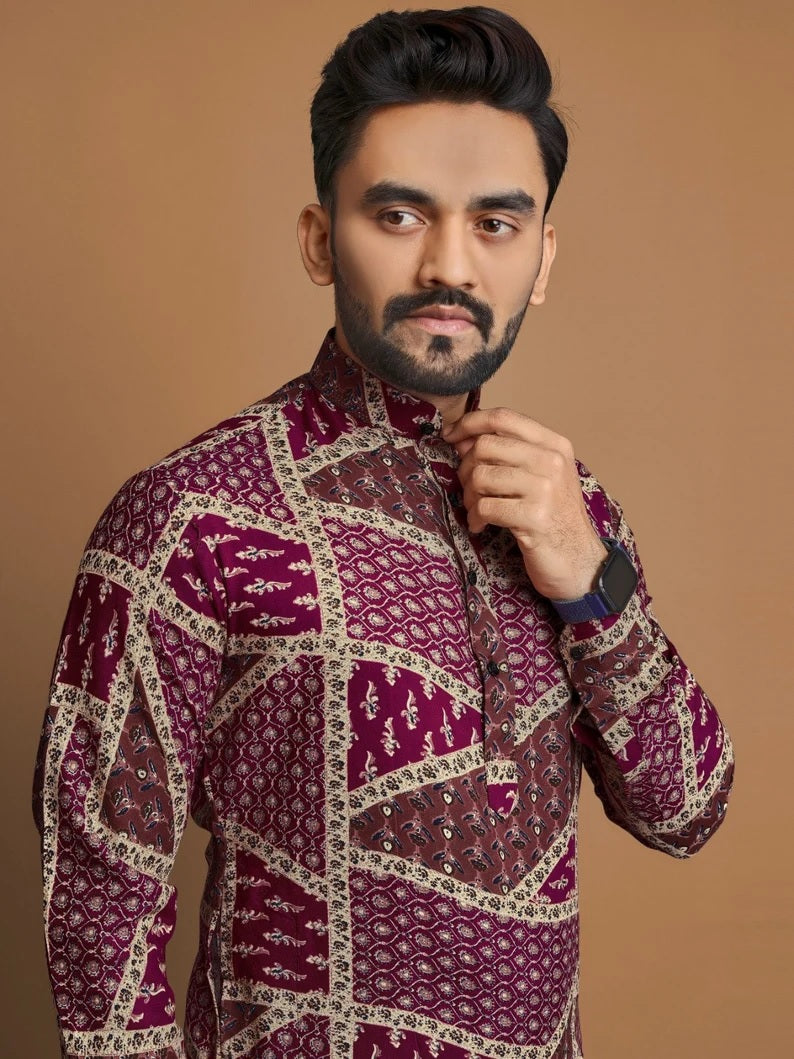Men's Soft Cotton Foil Print Designer Kurta Pajama Set
