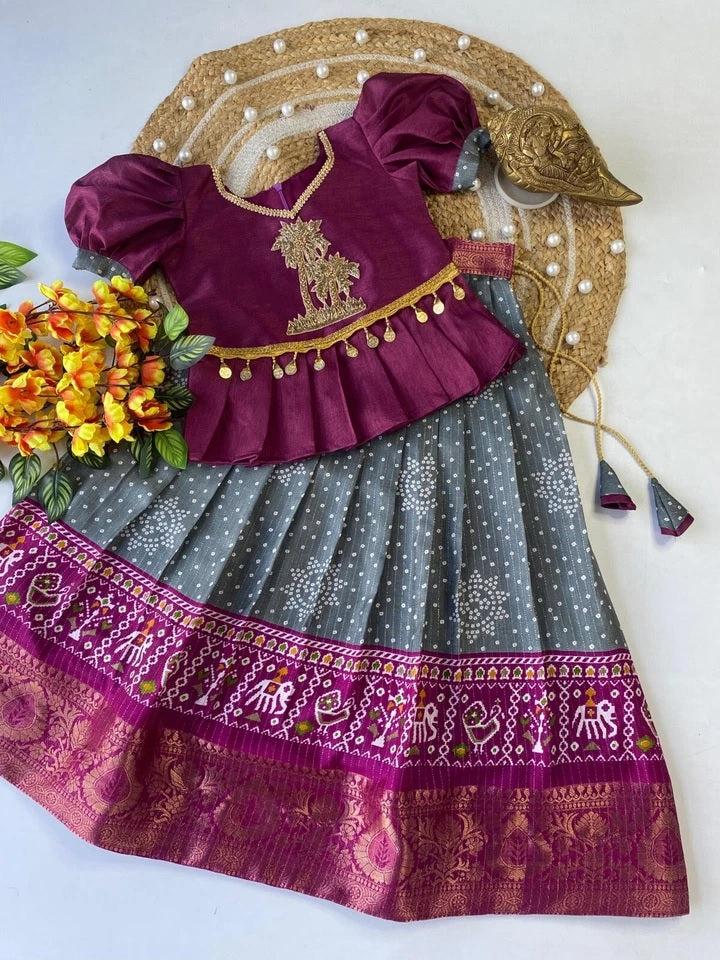 Kids & Girls Heavy Pure Dola Silk With Zari Design Lehenga Blouse 22-KL