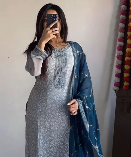 New Festival Stitched Faux Georgette With Embroidery Work Top Pant & Dupatta