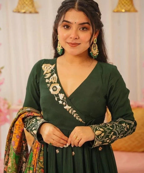 Heavy Pure Chinon Silk With Embroidery Work FullSleeves Gown Bottom Dupatta