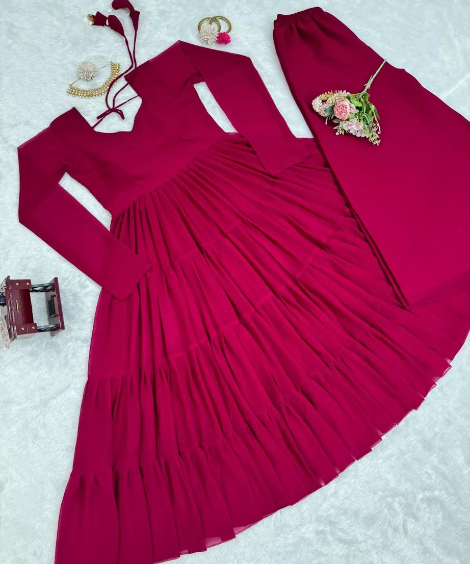 Stitched Faux Georgette Ruffle Style Anarkali Top Pant