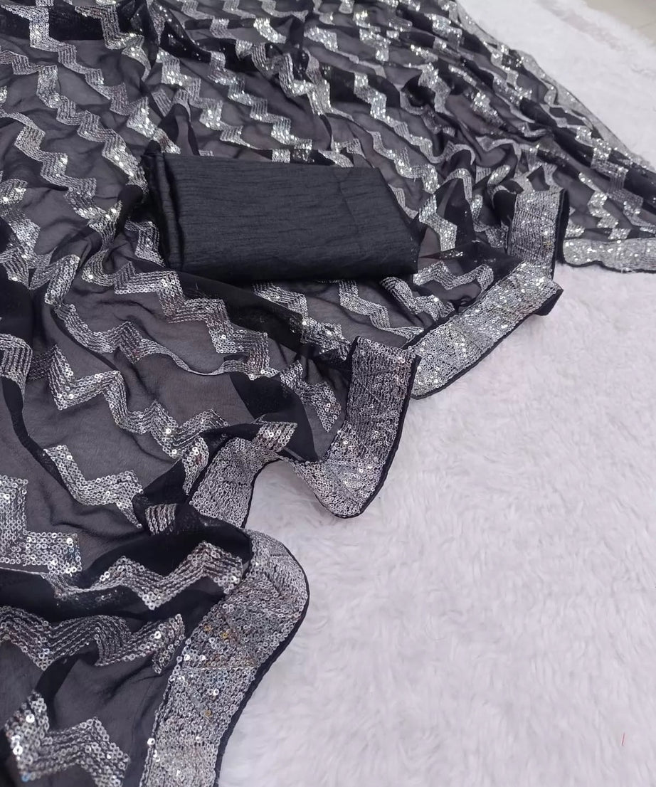 Georgette With Embroidery Sequence Work  Sari & Blouse