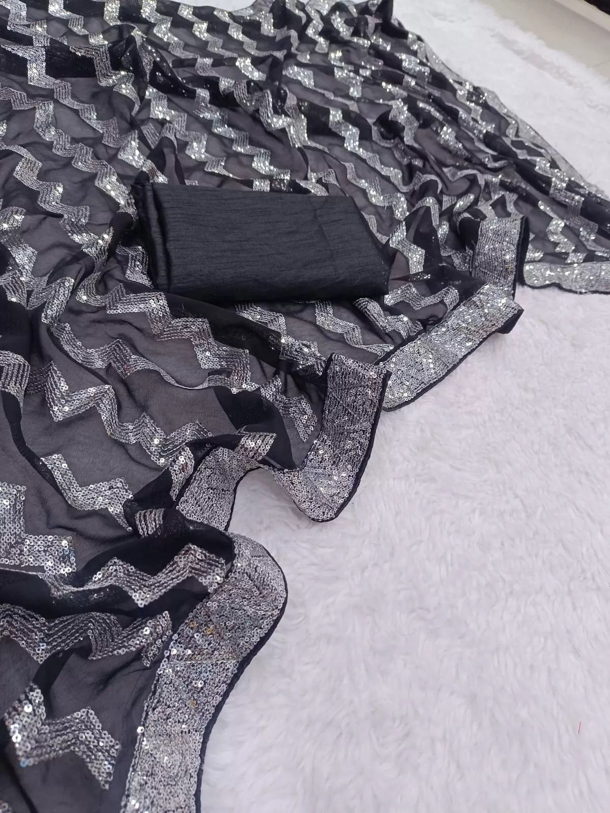 Georgette With Embroidery Sequence Work  Sari & Blouse