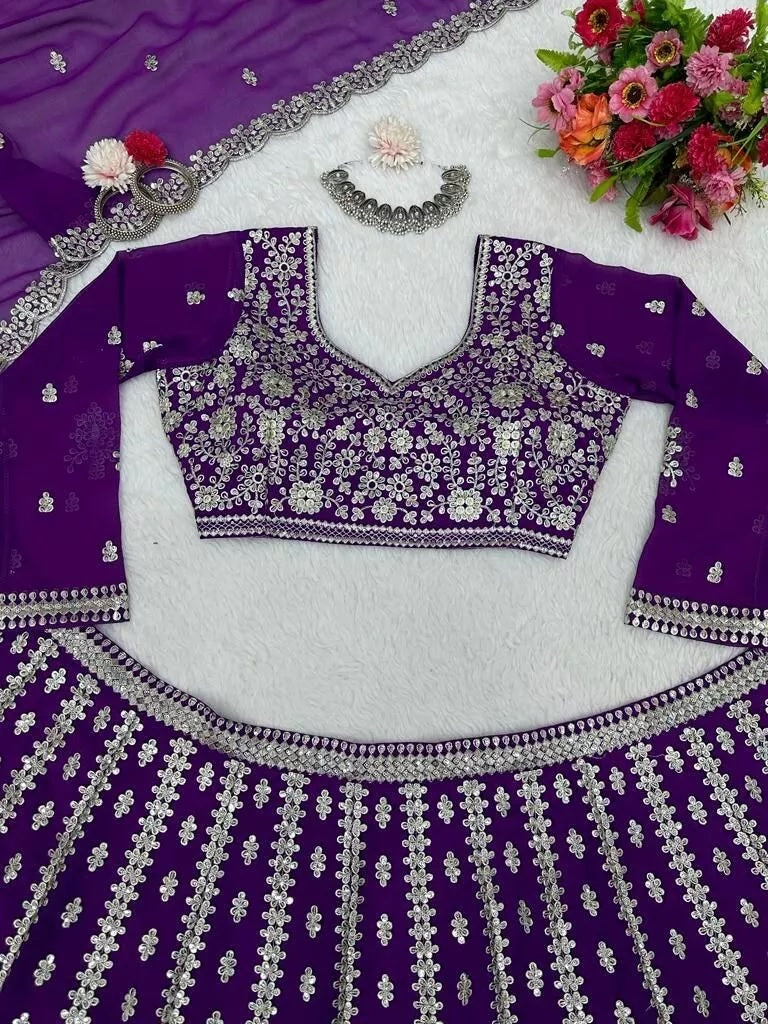 Purple Georgette Beautiful Traditional Lehenga Blouse Dupatta