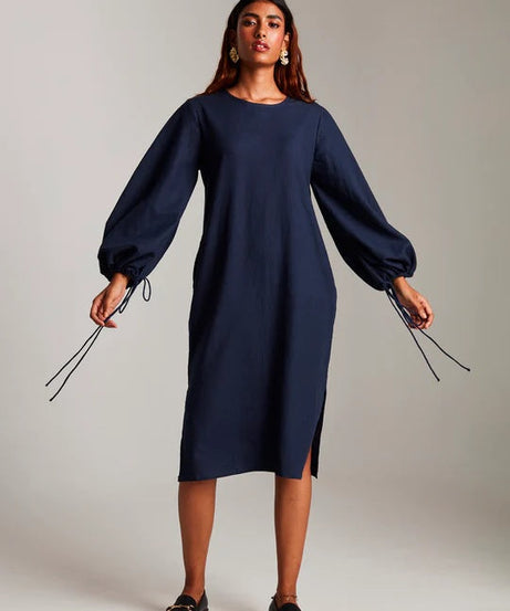 Navy Co-Linen Balloon Sleeves Dress