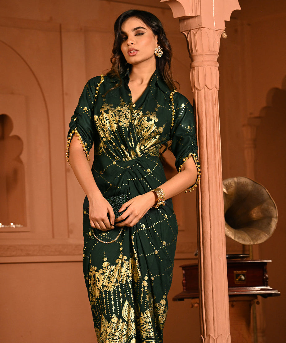 Designer Green Gold Embroidery Kaftan Dress for Women – Elegant Cocktail Party & Ethnic Fusion Wear