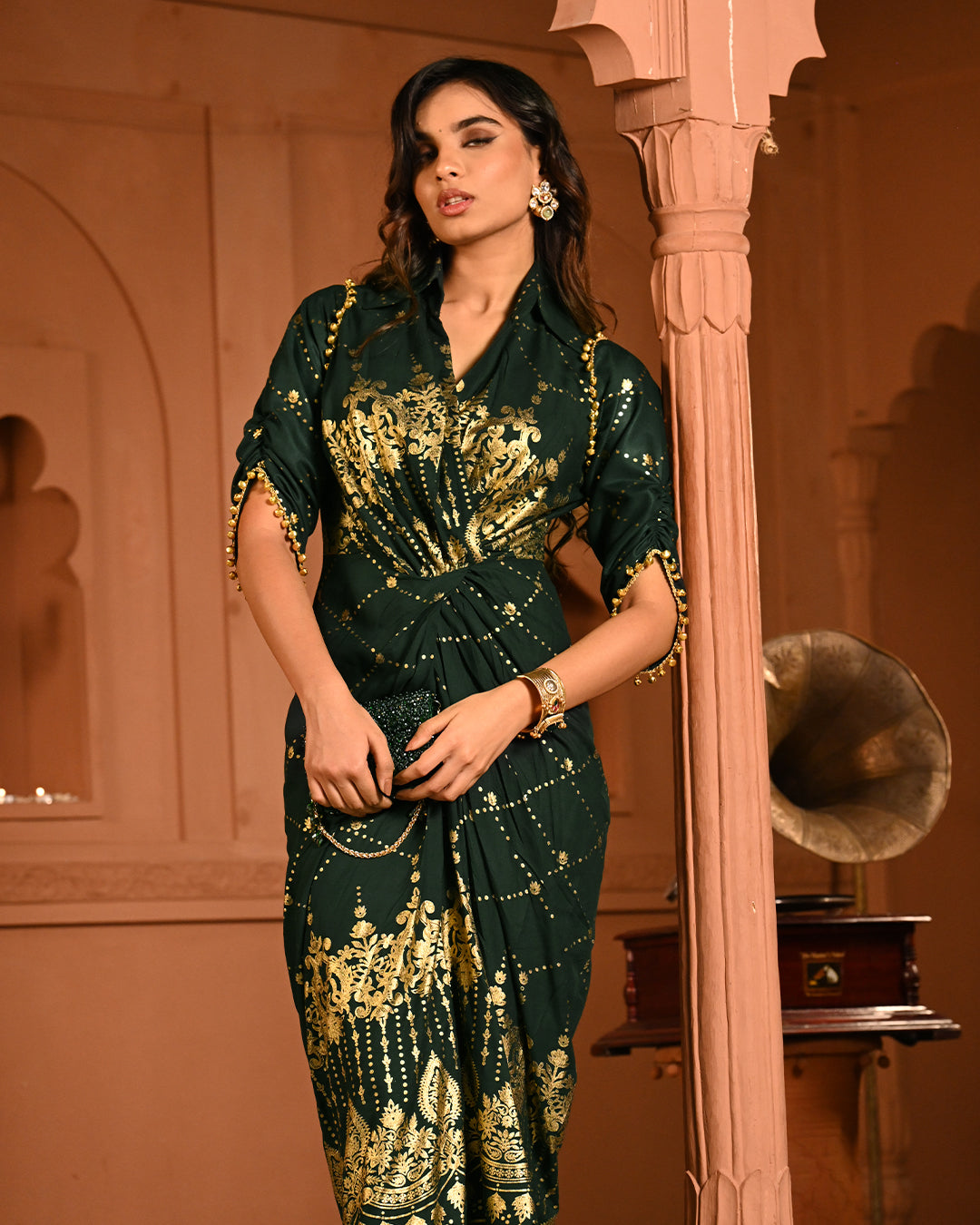 Designer Green Gold Embroidery Kaftan Dress for Women – Elegant Cocktail Party & Ethnic Fusion Wear