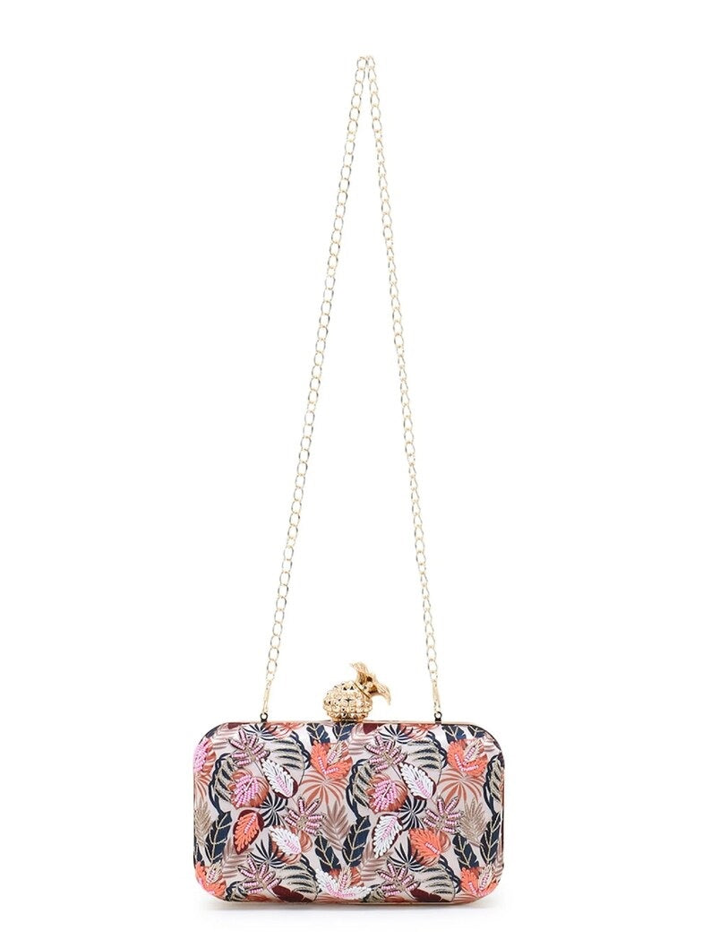 New Printed Satin Botanical Embroidered Clutch