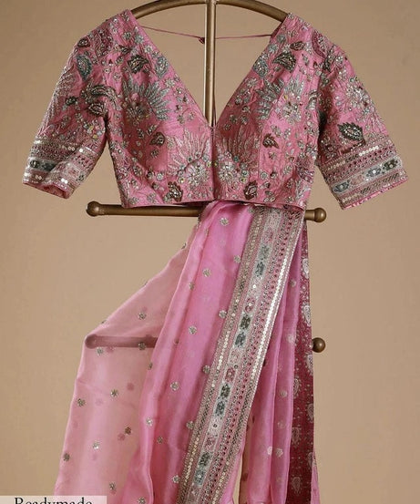 Pink Heavy Soft Tissue Organza Silk Saree, Wedding Wear Sari With Blouse