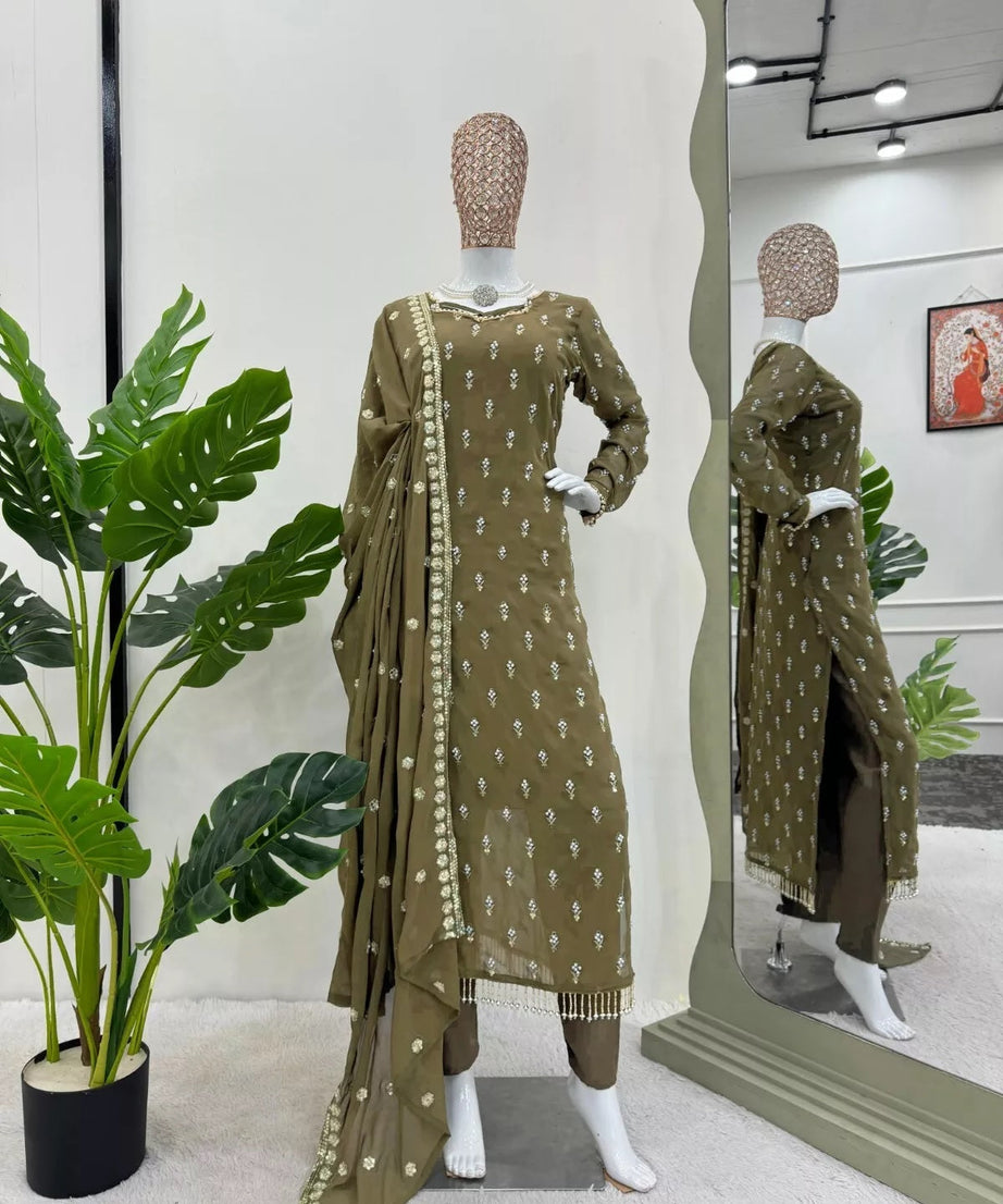 Traditional Fancy Wear Faux Georgette Top Pant With Dupatta