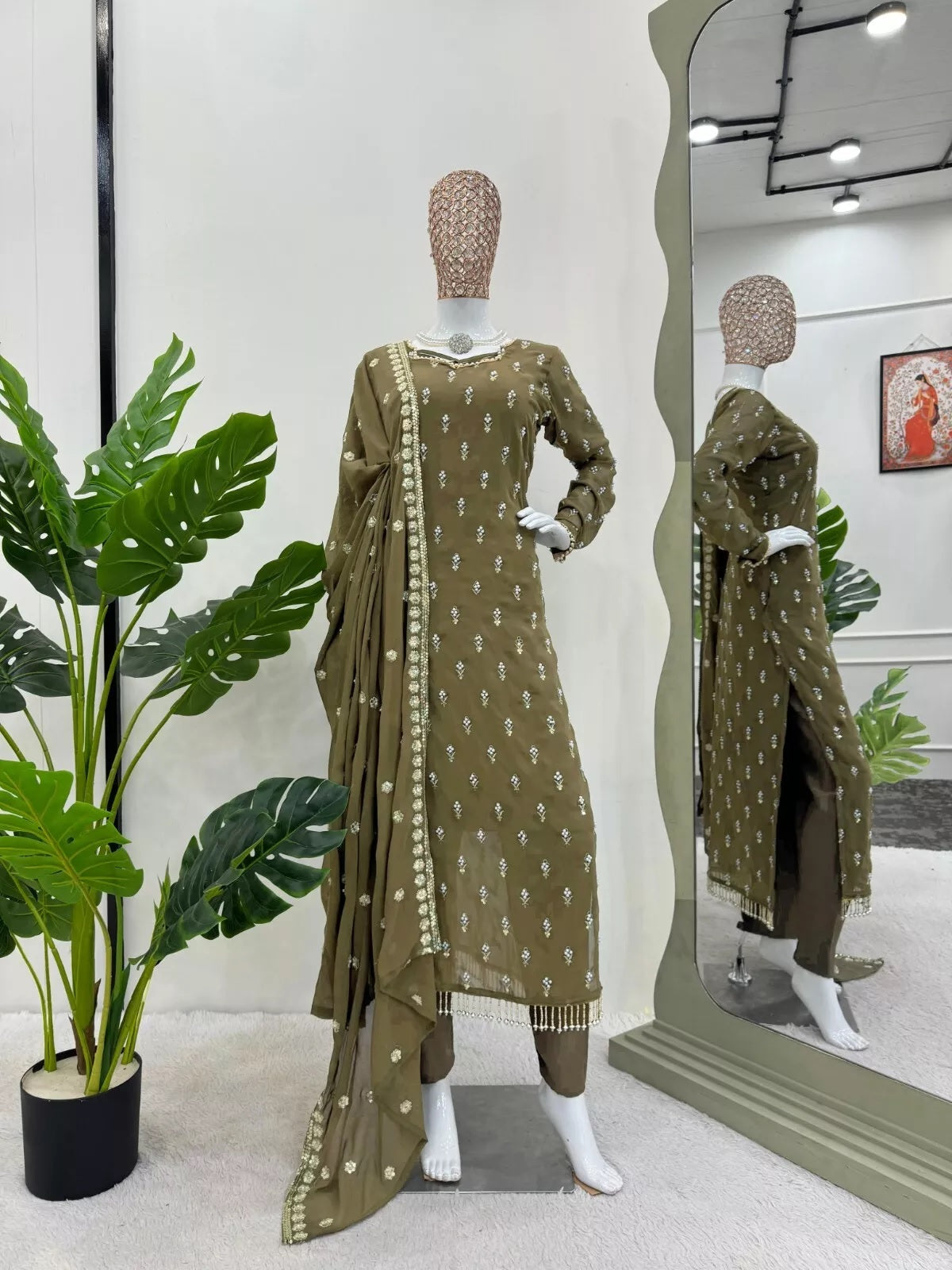 Traditional Fancy Wear Faux Georgette Top Pant With Dupatta