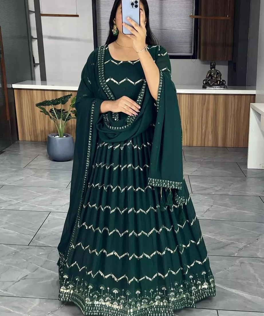 Georgette With Heavy Embroidery Work Long Anarkali Gown Dupatta