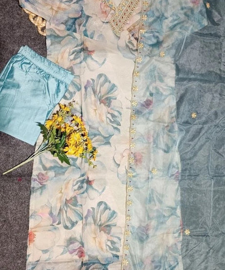 Classic Ethnic Pure Tabby Embroidery Work Kurti Bottom & Dupatta Set