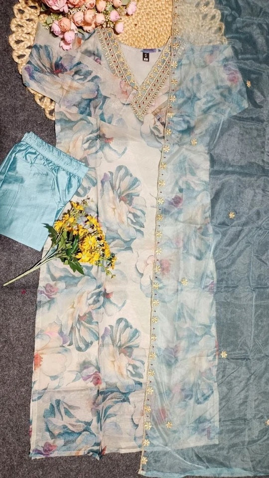 Classic Ethnic Pure Tabby Embroidery Work Kurti Bottom & Dupatta Set