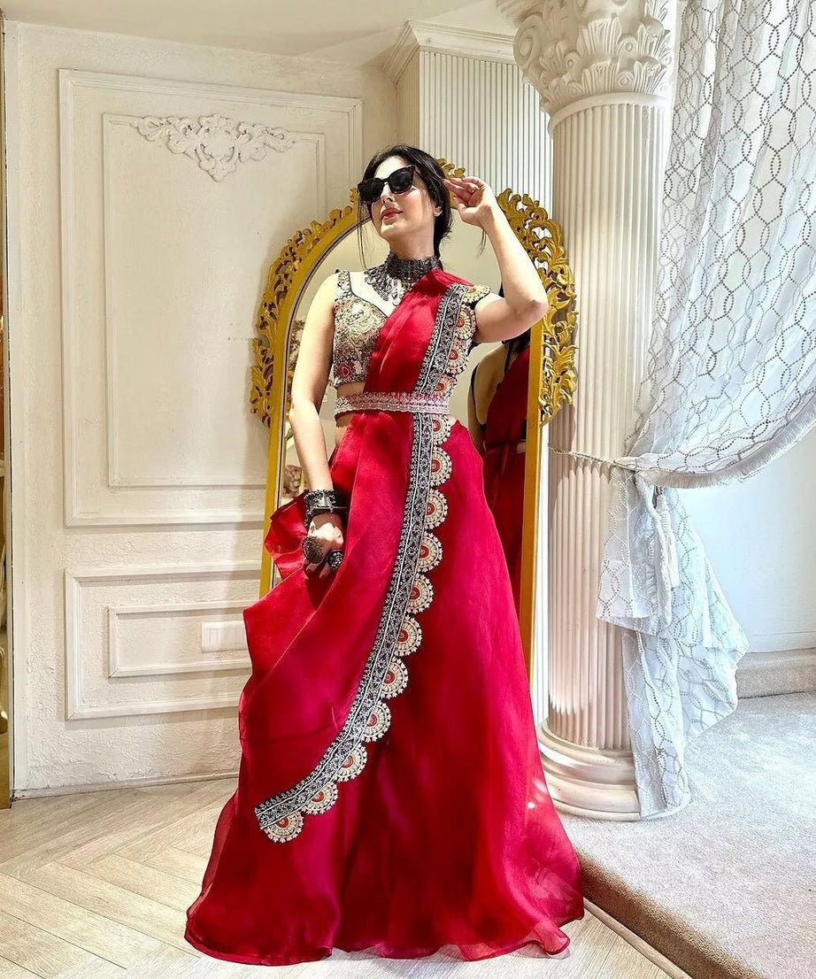 Organza Silk  Indo Western Sharara Blouse With Shrug Set