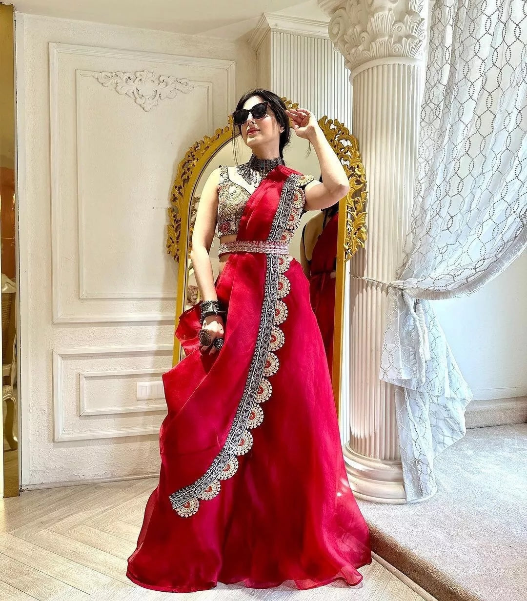 Organza Silk  Indo Western Sharara Blouse With Shrug Set