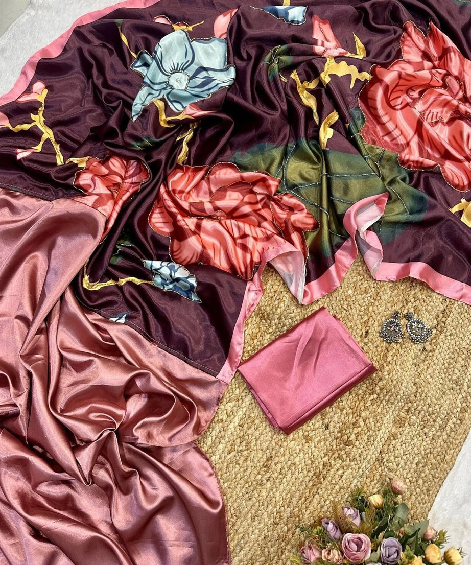 Women's Wedding Classic Latest Japan Satin Saree ,New Sari & Blouse