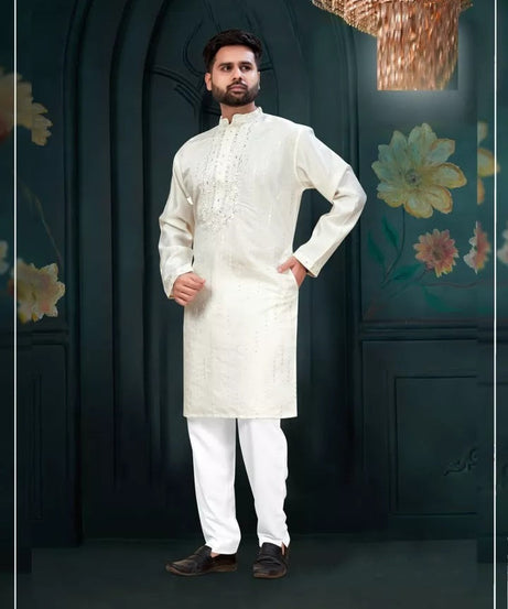 Classic Beautiful Exclusive Stitched 14 Kg Roman Silk Kurta Pajama For Mens