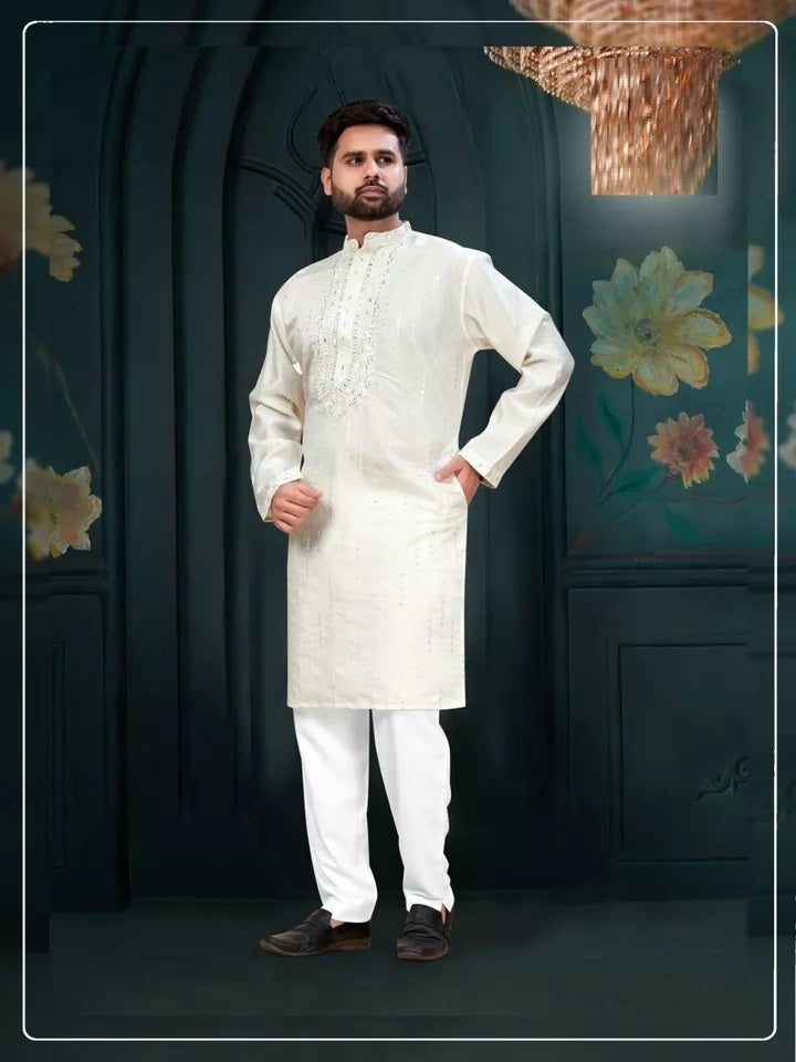 Classic Beautiful Exclusive Stitched 14 Kg Roman Silk Kurta Pajama For Mens