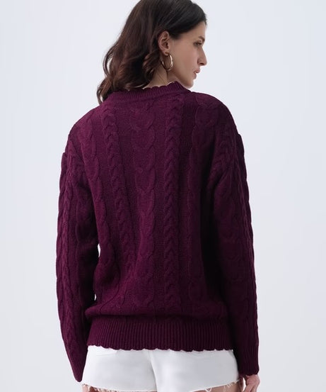 Cable Knit Plum Berry Women Oversized Sweaters