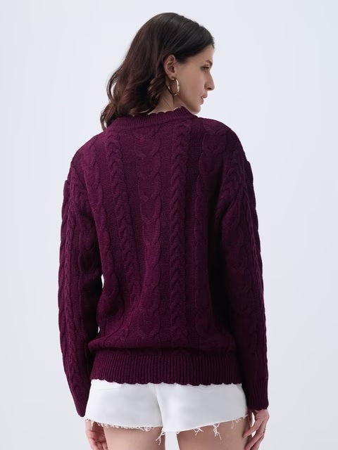 Cable Knit Plum Berry Women Oversized Sweaters