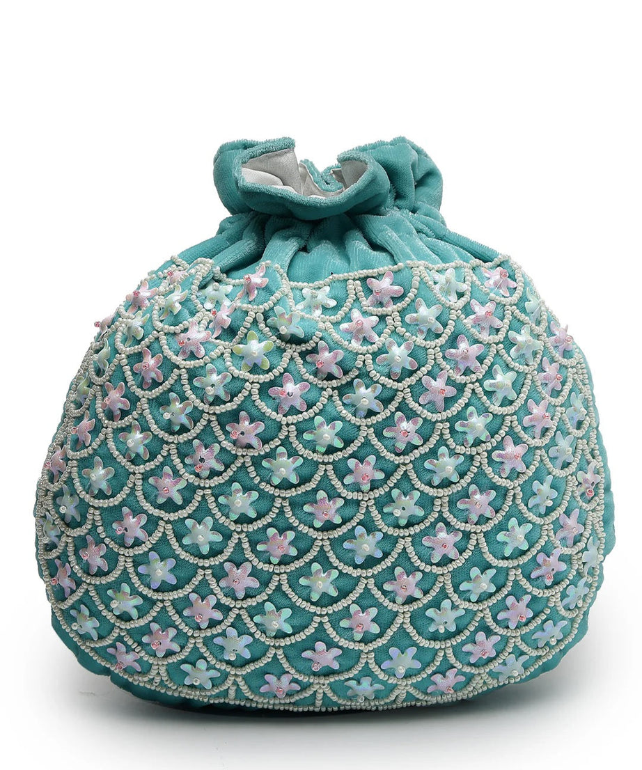 Dangle Fish Scale Embellished Velvet Potli Bag