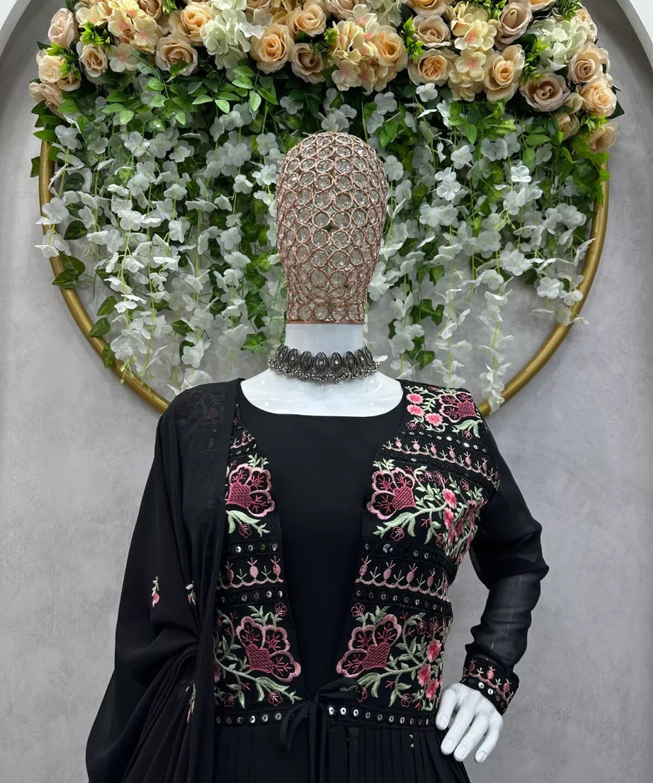 Faux Georgette Bollywood Full Stitched Kurti Shrug & Pant Dupatta