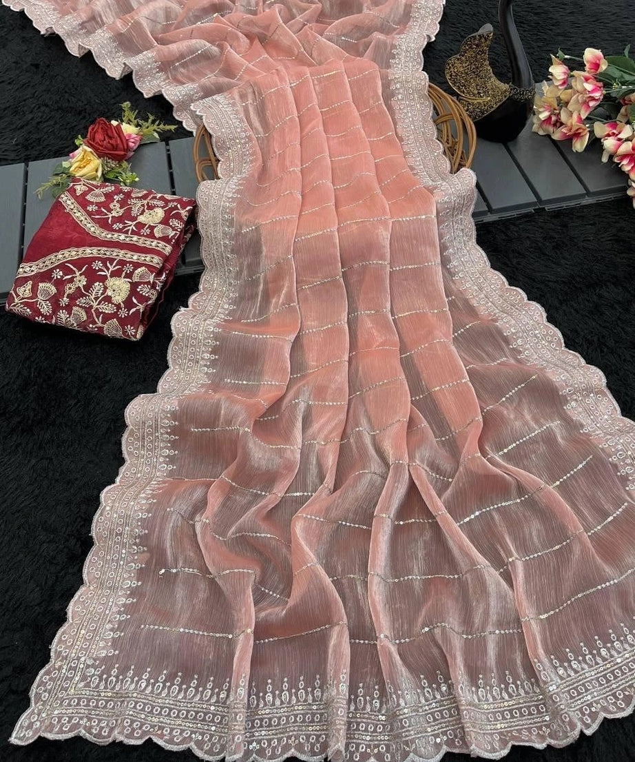 Soft Burburry With Beautiful Sequence Work Sari With Blouse