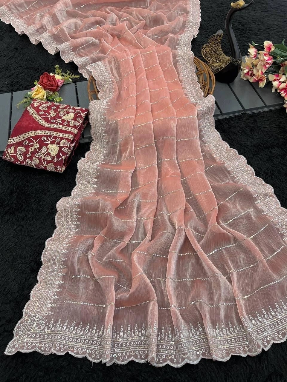 Soft Burburry With Beautiful Sequence Work Sari With Blouse