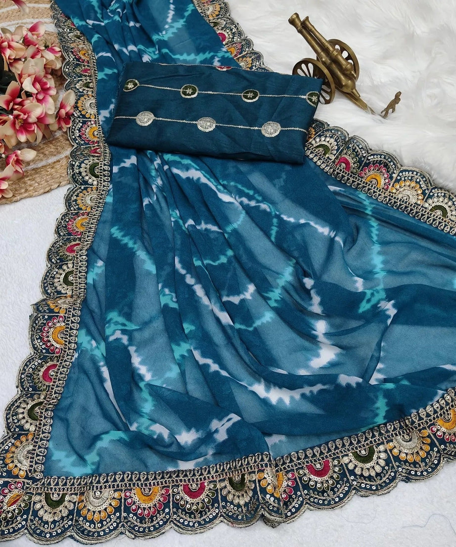 Soft Georgette Sari With Bhandhej Print And Designer Sari & Blouse