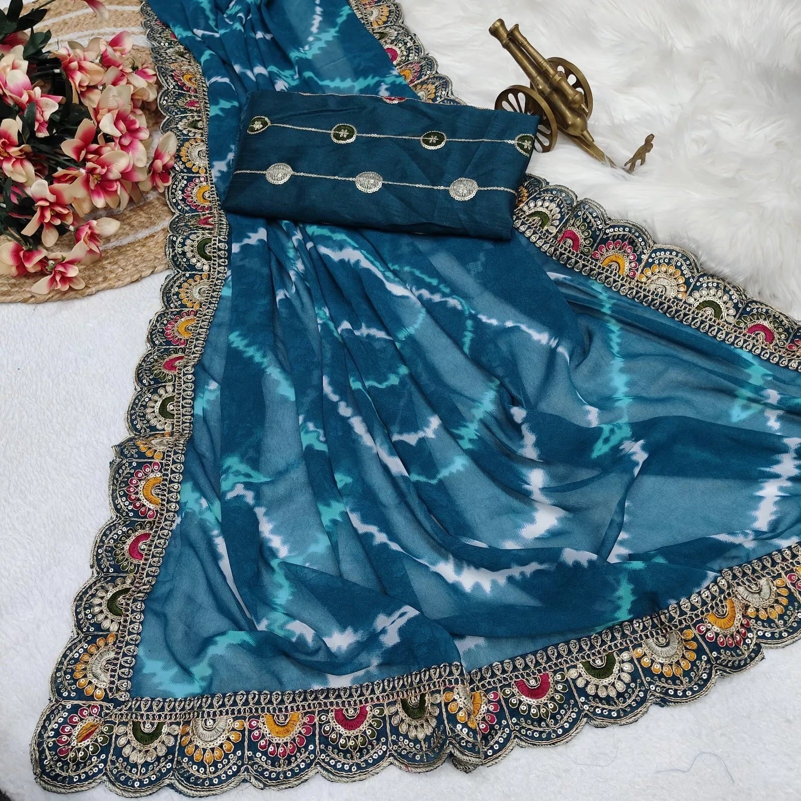 Soft Georgette Sari With Bhandhej Print And Designer Sari & Blouse