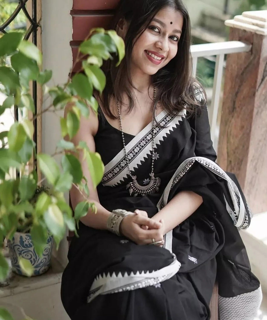 Black Soft Linen Slub Designer Saree,Classic Sari Blouse