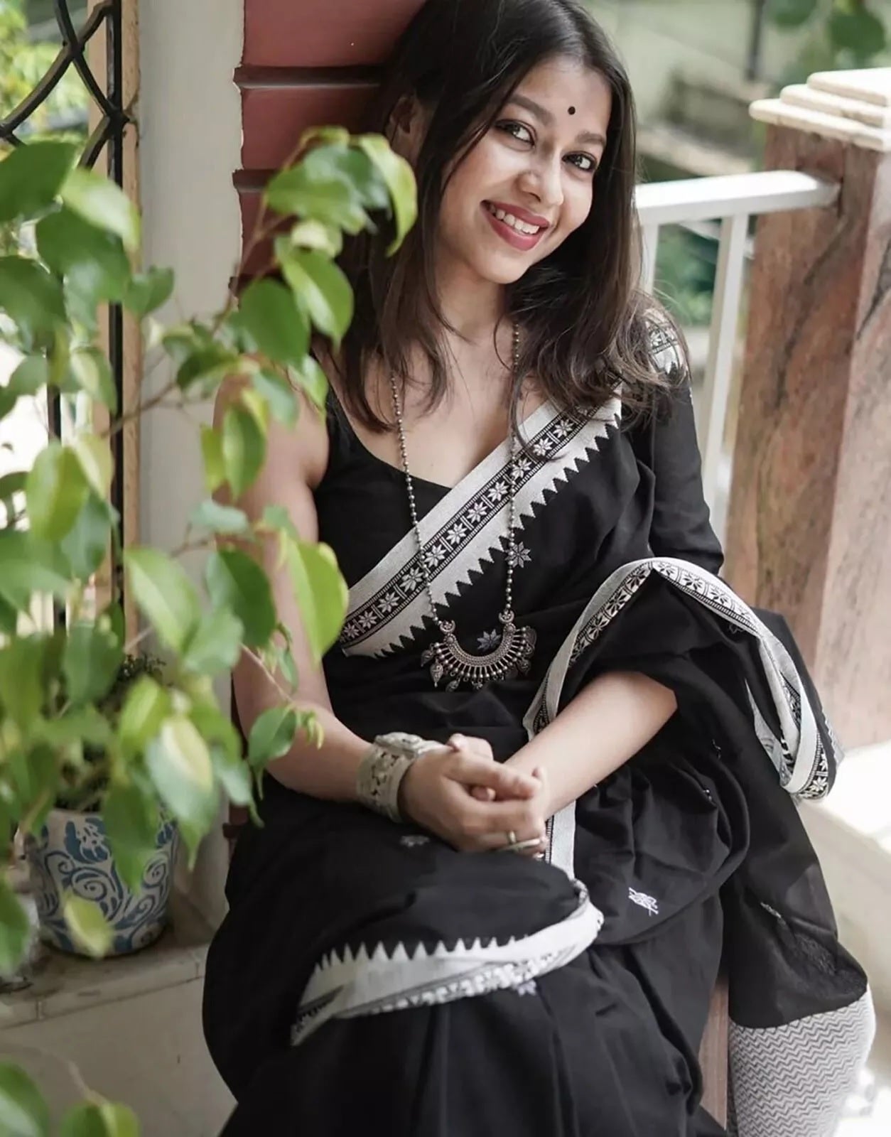 Black Soft Linen Slub Designer Saree,Classic Sari Blouse