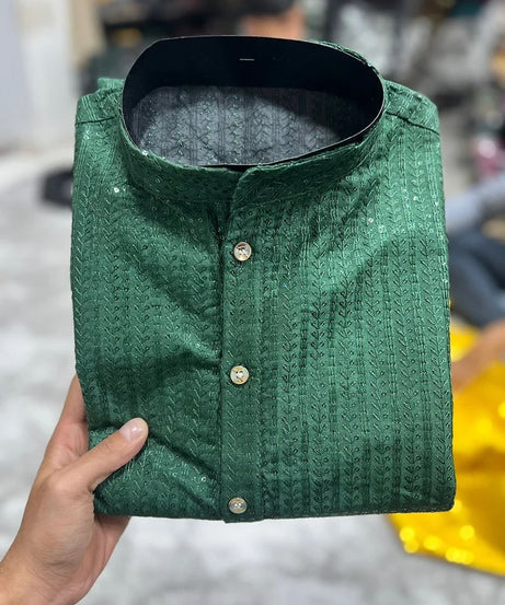 Heavy Banglori Silk With Embroidery Sequence Work Kurta Pajama Set