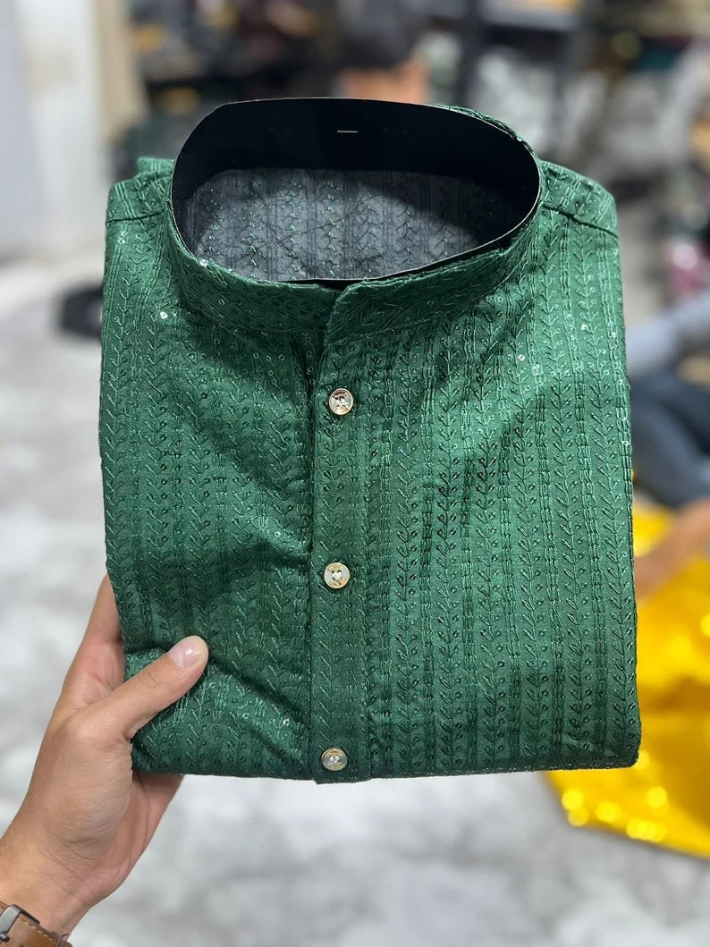 Heavy Banglori Silk With Embroidery Sequence Work Kurta Pajama Set