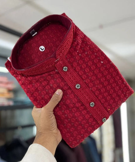 Men's  Cotton Rayon With Sequin Work Kurta Pajama Set