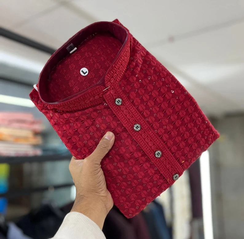 Men's  Cotton Rayon With Sequin Work Kurta Pajama Set