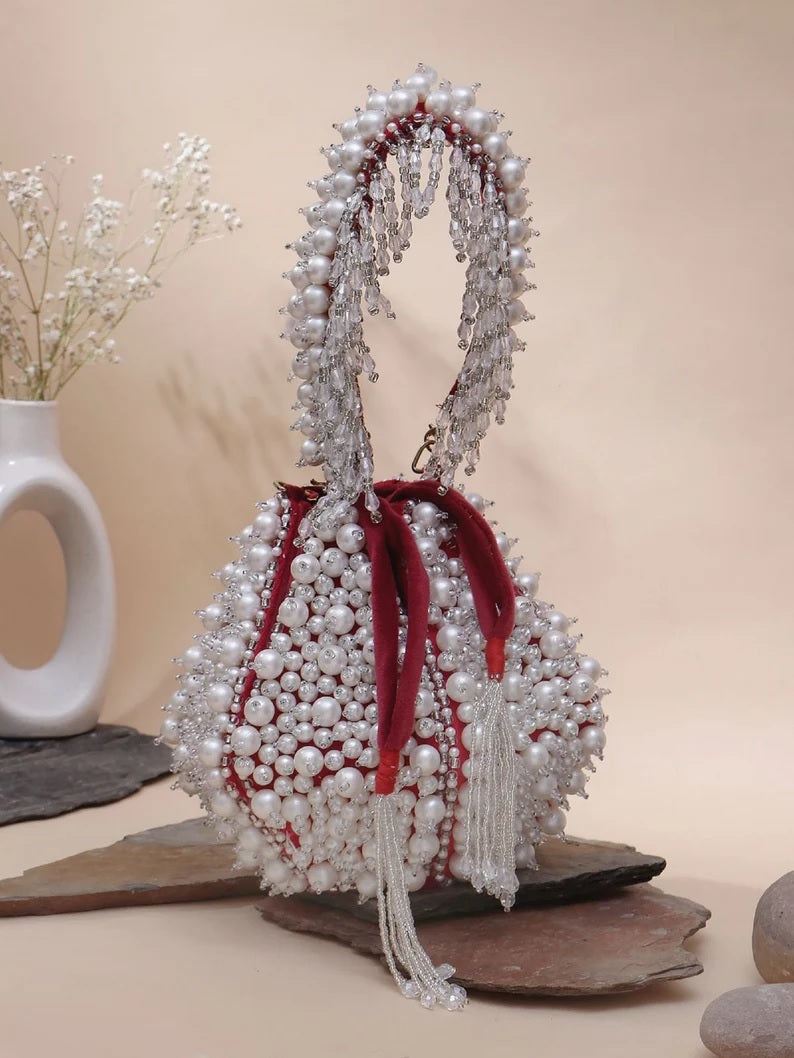 Pearl Embellished Lotus Potli Bag
