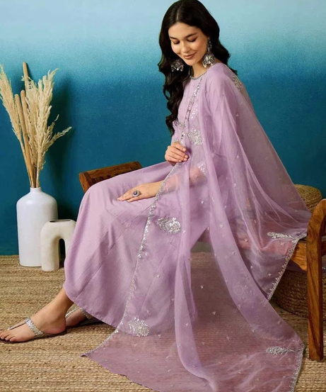 Beautiful Trending Silk Blend With Embroidy Work Kurti/Bottom With Dupatta Set 12-BS