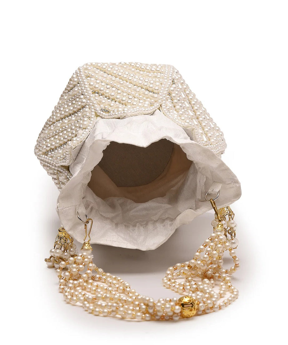 Lotus Pearl Embellished Faux Silk Potli Bag